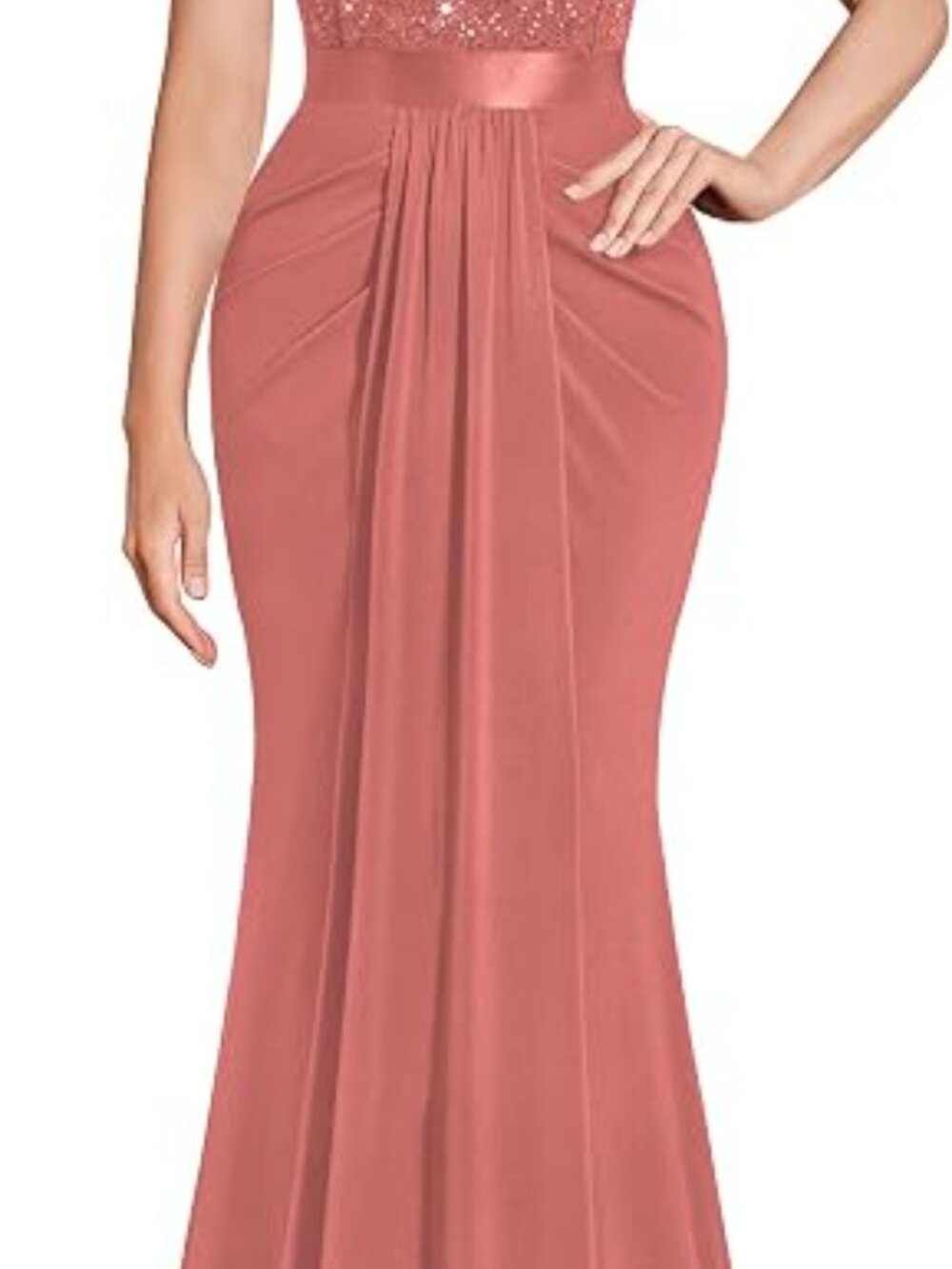 Women's Deep V-Neck Lace Sequin Pleated Evening Formal Dress  Cinnamon Pink - Picture 5 of 5
